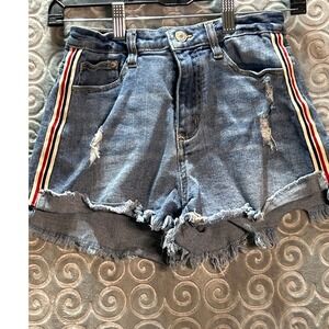Unionbay Blue Denim Jean Shorts‎ Red White Stripe Frayed Hem Size 5